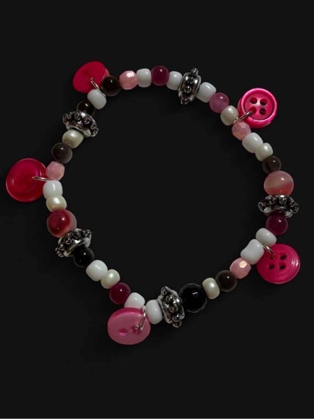 Handcrafted Pink Beaded Button Stretch Bracelet - Unbranded